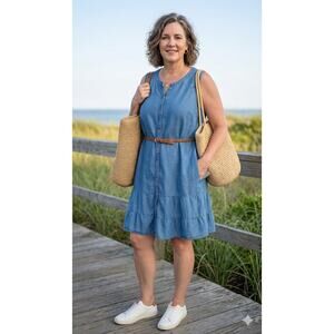 LOFT Lyocell Linen Chambray Tiered Button Front Dress Coastal Grandmother XXL